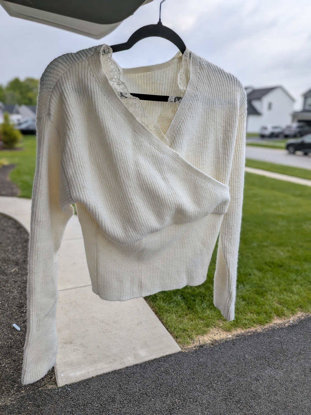 Women’s Cream Wrap Rib Knit Sweater with Lace Trim